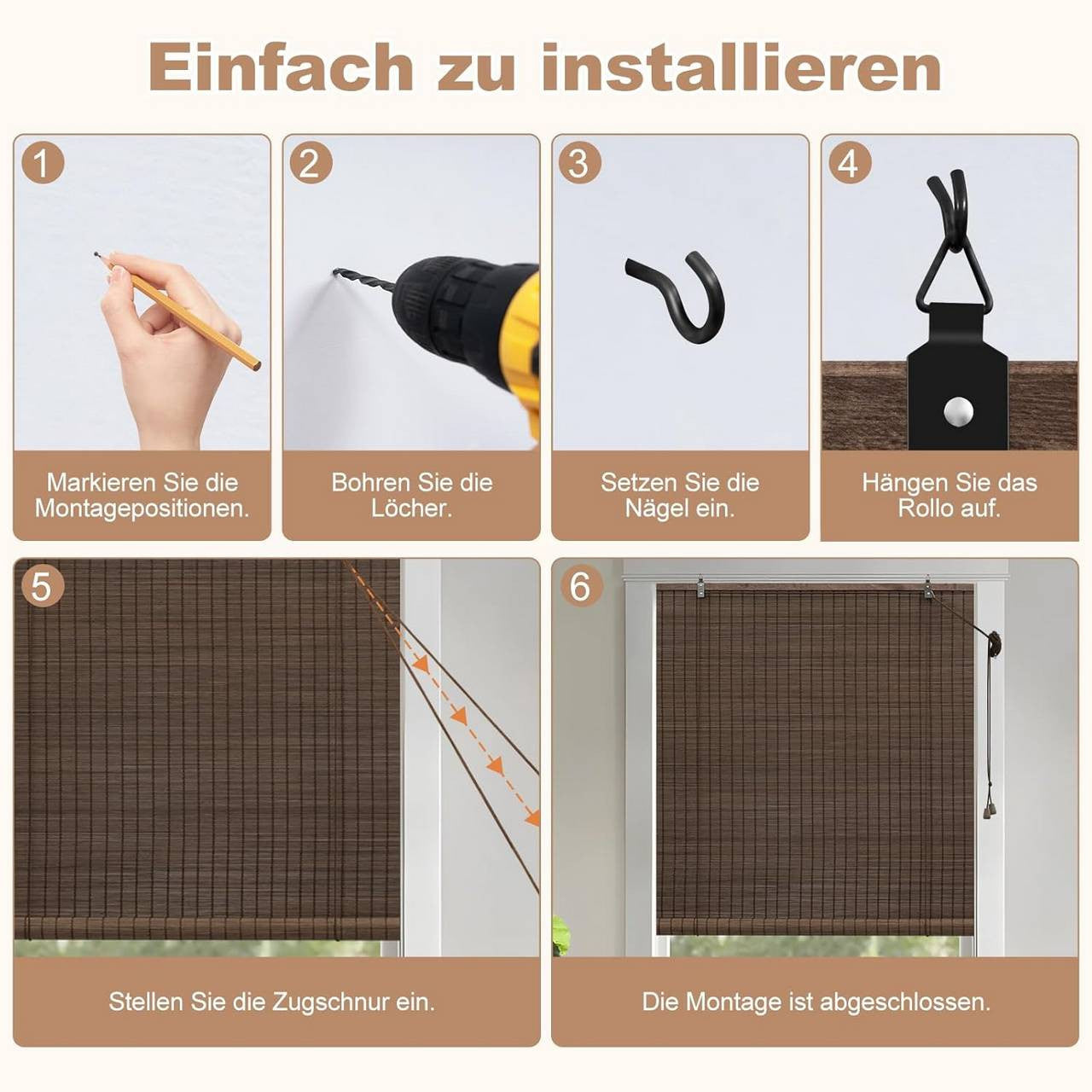 24goodz Bamboo Roller Blind - Elegant Light Filtering - Durable Bamboo - For Indoor and Outdoor Use - Dark Brown - 80x220 cm
