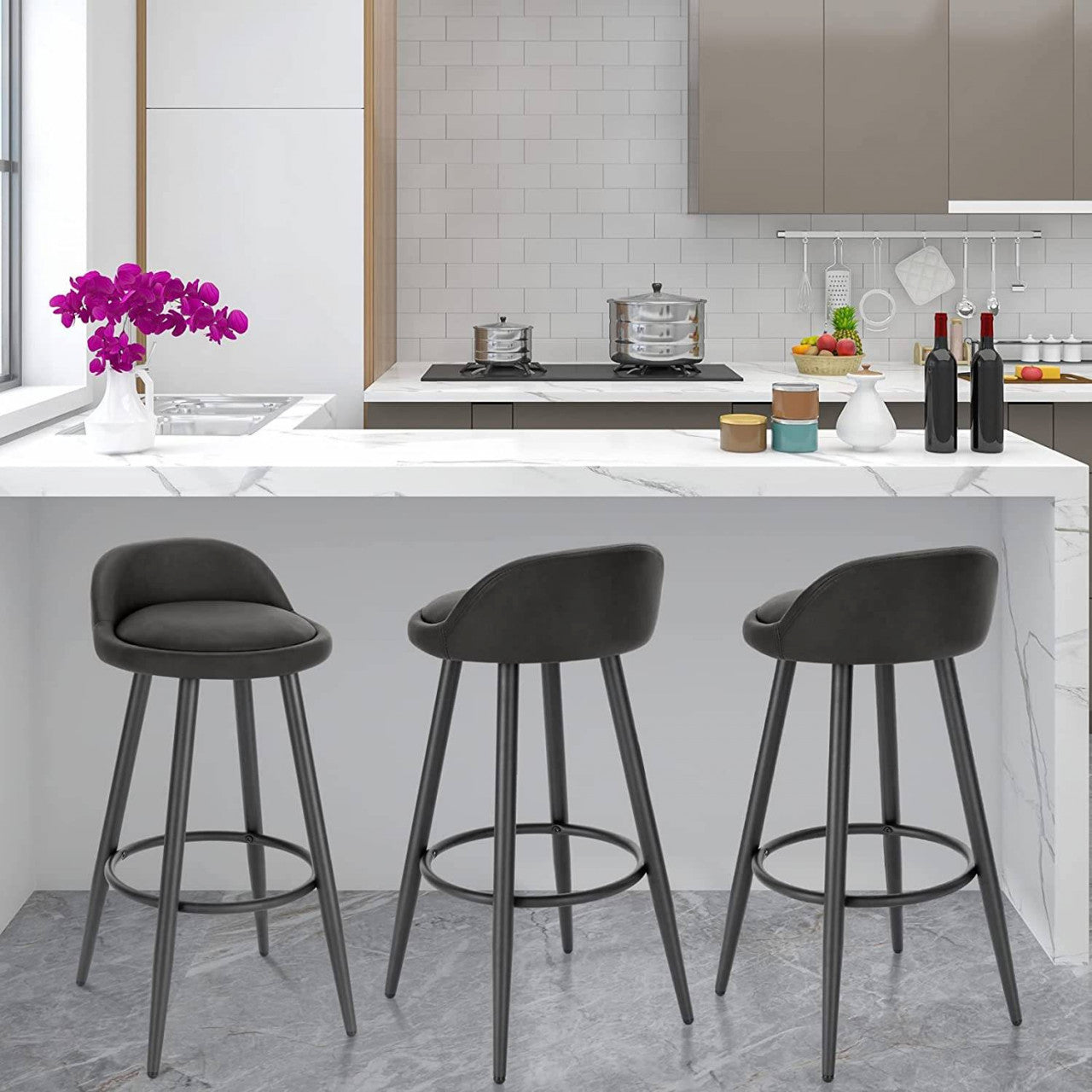 24goodz Bar Stool - Stable and Robust Design - High Comfort - Wood and Faux Leather - For Modern and Classic Interiors - Anthracite