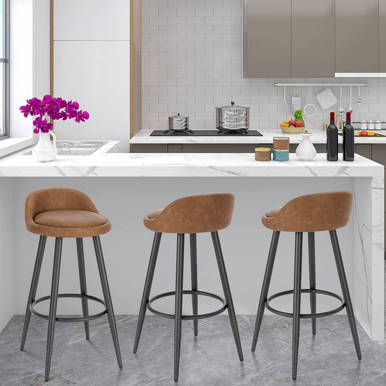 24goodz Bar Stool - Stable and Robust Design - High Comfort - Wood and Faux Leather - For Home Use - Anthracite Brown