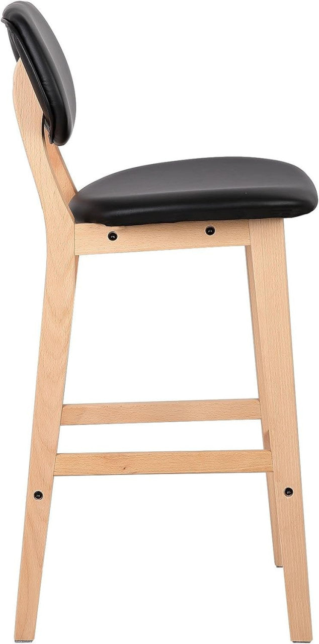 24goodz Set of 2 Bar Stools - Chic Scandinavian Design - Ergonomic Comfort - Faux Leather - For Home & Bar Use - Black/Wood Grain - sz