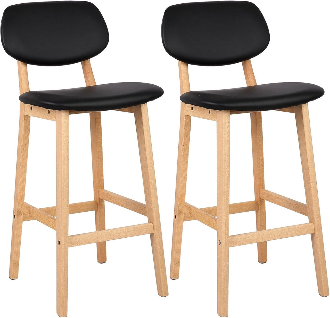 24goodz Set of 2 Bar Stools - Chic Scandinavian Design - Ergonomic Comfort - Faux Leather - For Home & Bar Use - Black/Wood Grain - sz
