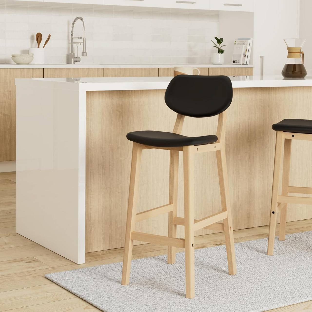 24goodz Set of 2 Bar Stools - Chic Scandinavian Design - Ergonomic Comfort - Faux Leather - For Home & Bar Use - Black/Wood Grain - sz
