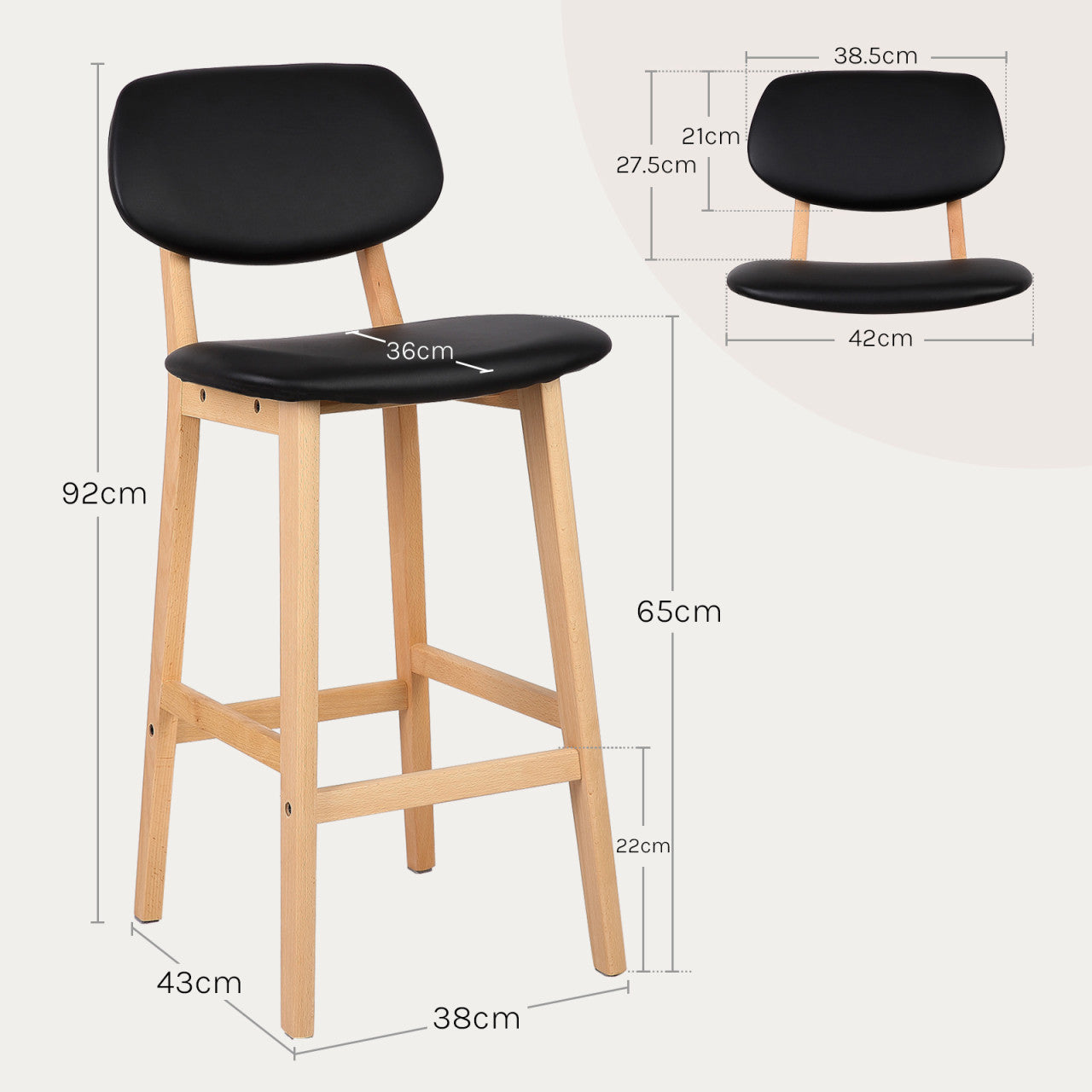 24goodz Set of 2 Bar Stools - Chic Scandinavian Design - Ergonomic Comfort - Faux Leather - For Home & Bar Use - Black/Wood Grain - sz