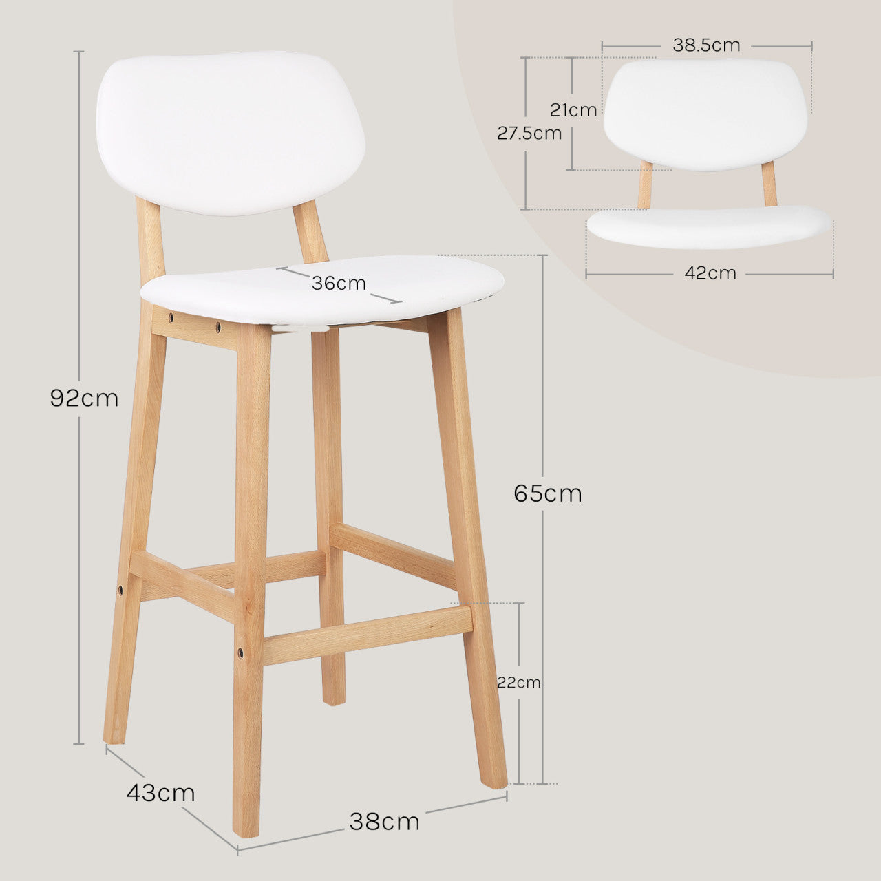 24goodz Set of 2 Bar Stools - Scandinavian Style - Ergonomic Comfort - Faux Leather - White - ws