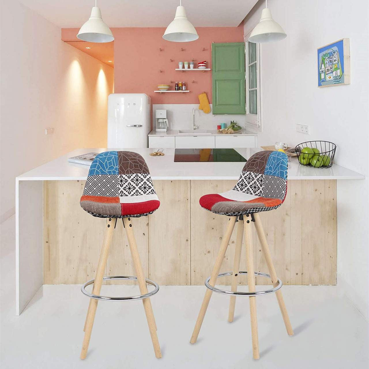 24goodz Set of 2 Bar Stools - Ergonomic Design - Durable Linen Upholstery - Solid Wood - Multi-Functional - Dark Grey + Light Grey + Multi-colour - mf