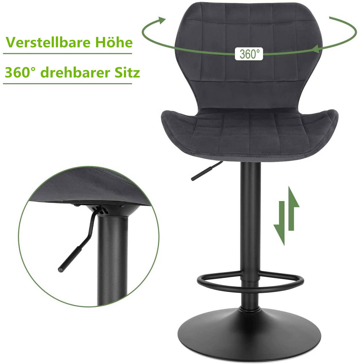 24goodz Velvet Bar Stool - Comfortable and Stylish - Metal Frame - For Home and Bar Use - Dark Grey - dgr