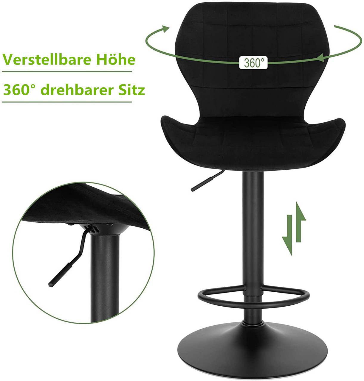 24goodz Adjustable 360° Swivel Bar Stool - Comfortable Seating - Stable Metal Frame - Velvet + Metal - Dark Grey/Black/Dark Green - sz