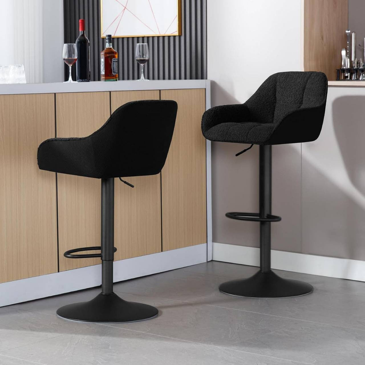 24goodz Adjustable Bar Stool - Double Comfort - 360° Rotatable - Chenille and Metal - Black
