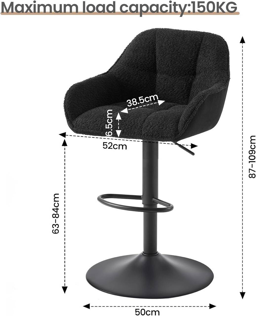 24goodz Adjustable Bar Stool - Double Comfort - 360° Rotatable - Chenille and Metal - Black