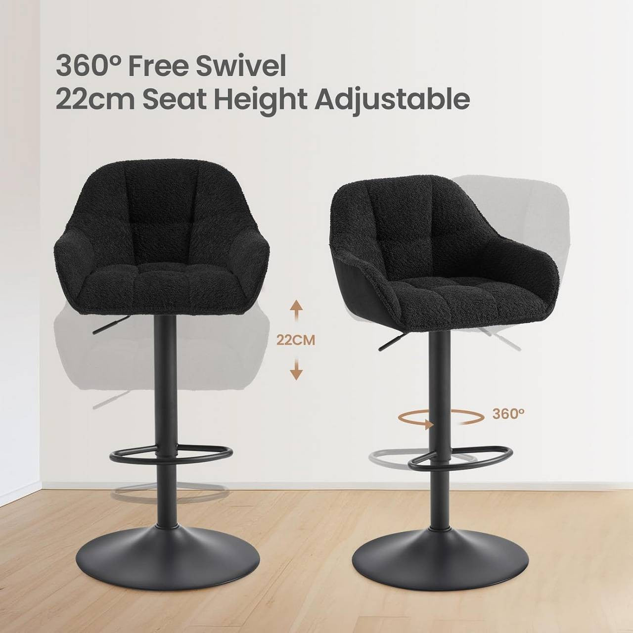 24goodz Adjustable Bar Stool - Double Comfort - 360° Rotatable - Chenille and Metal - Black