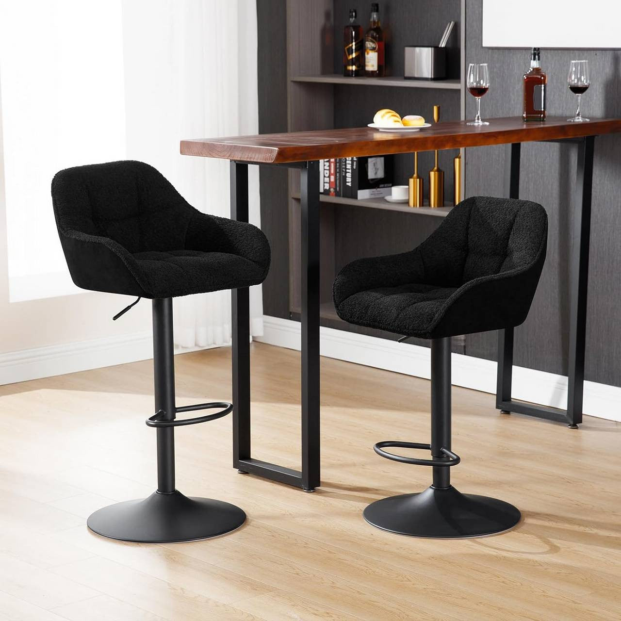 24goodz Adjustable Bar Stool - Double Comfort - 360° Rotatable - Chenille and Metal - Black