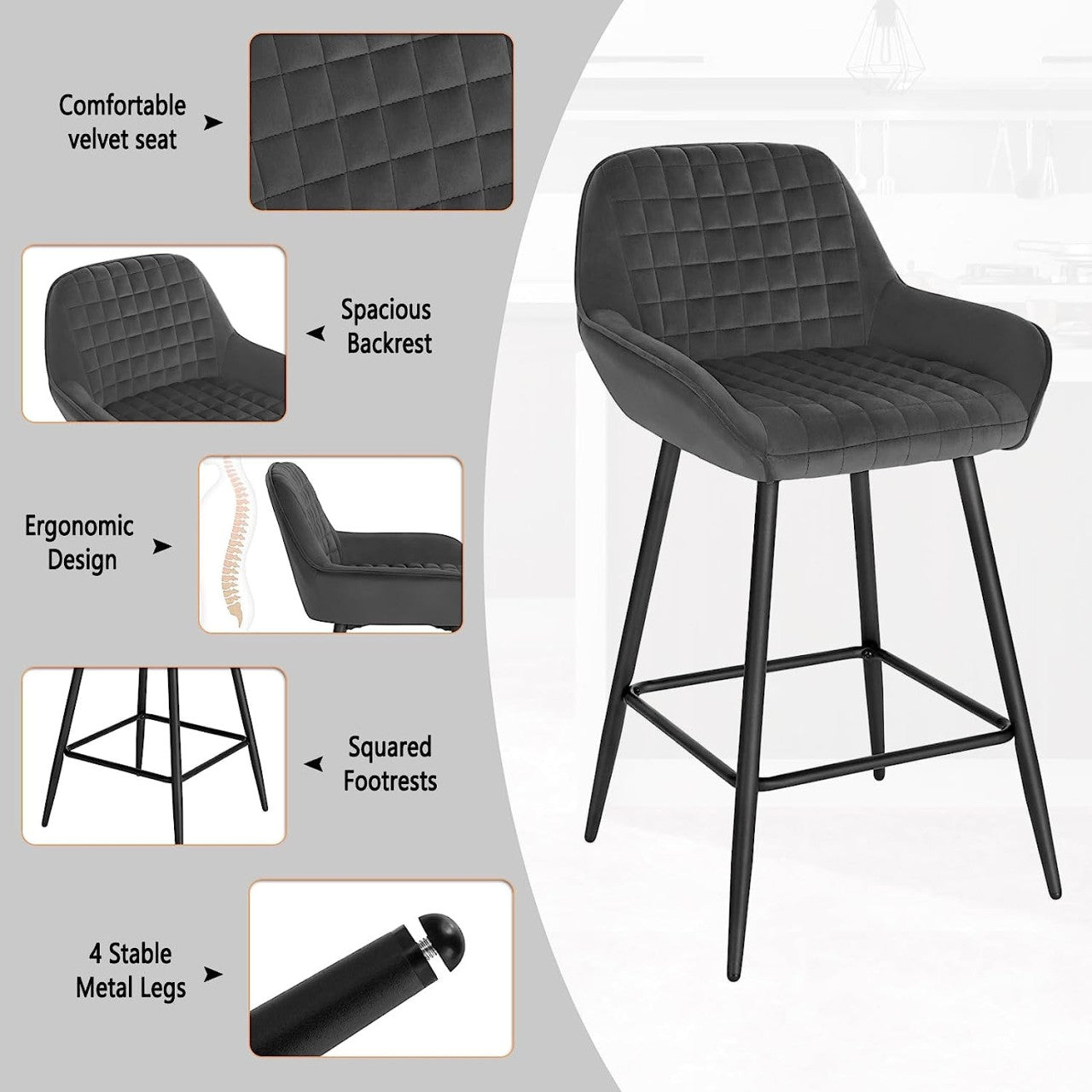 24goodz Velvet Bar Stool with Armrests - Comfortable & Ergonomic - Sturdy and Robust - Velvet + Metal Frame - Dark Grey/Black