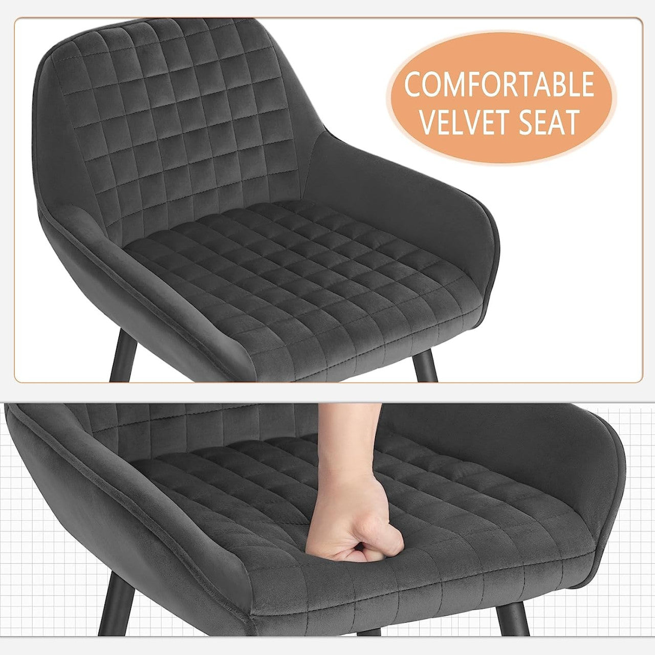 24goodz Velvet Bar Stool with Armrests - Comfortable & Ergonomic - Sturdy and Robust - Velvet + Metal Frame - Dark Grey/Black