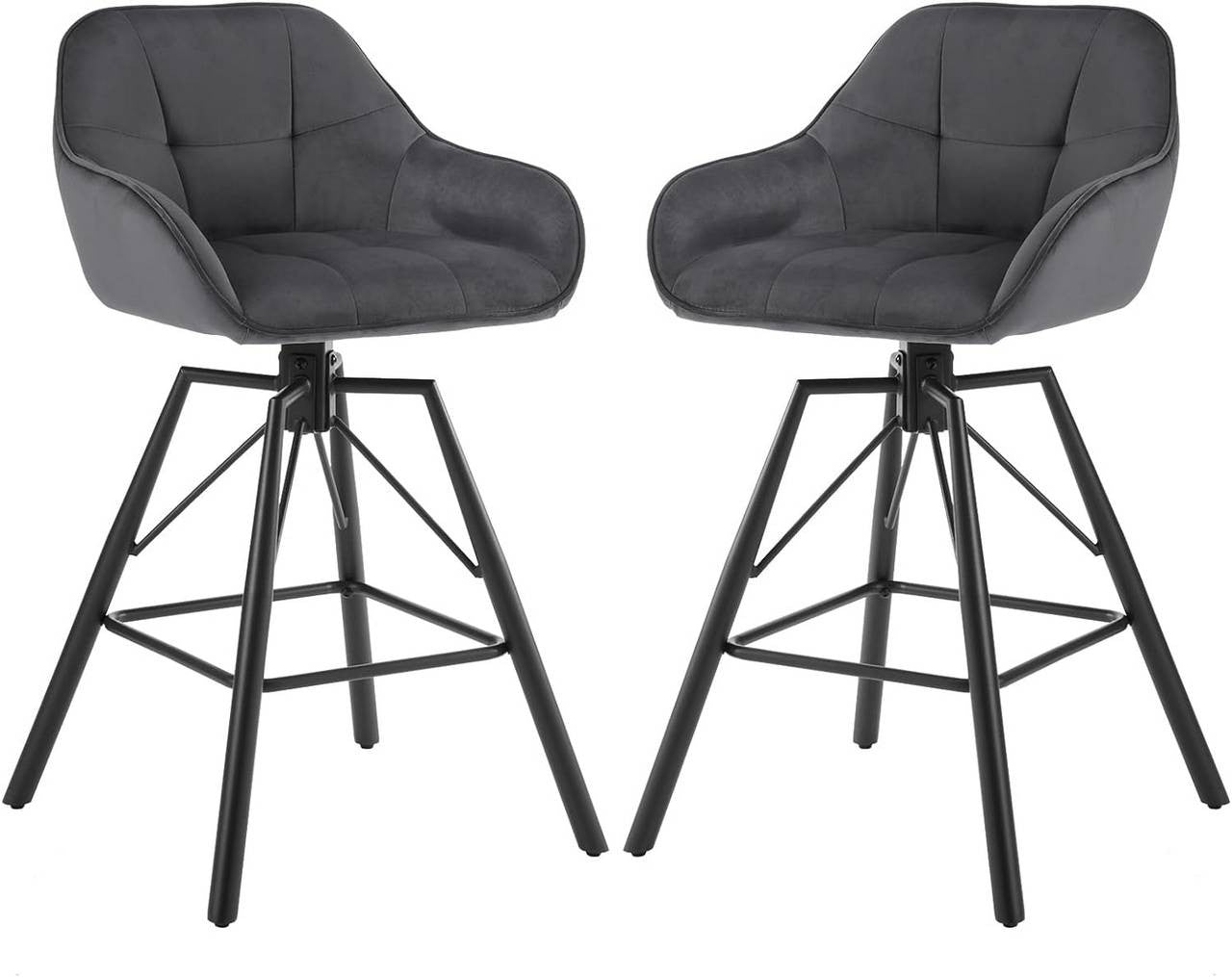 24goodz Velvet Bar Stool Set of 2 - 360° Rotating - High Comfort - Velvet and Metal - Dark Grey