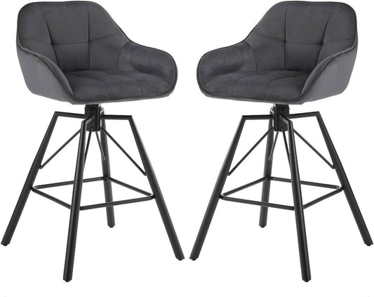 24goodz Velvet Bar Stool Set of 2 - 360° Rotating - High Comfort - Velvet and Metal - Dark Grey