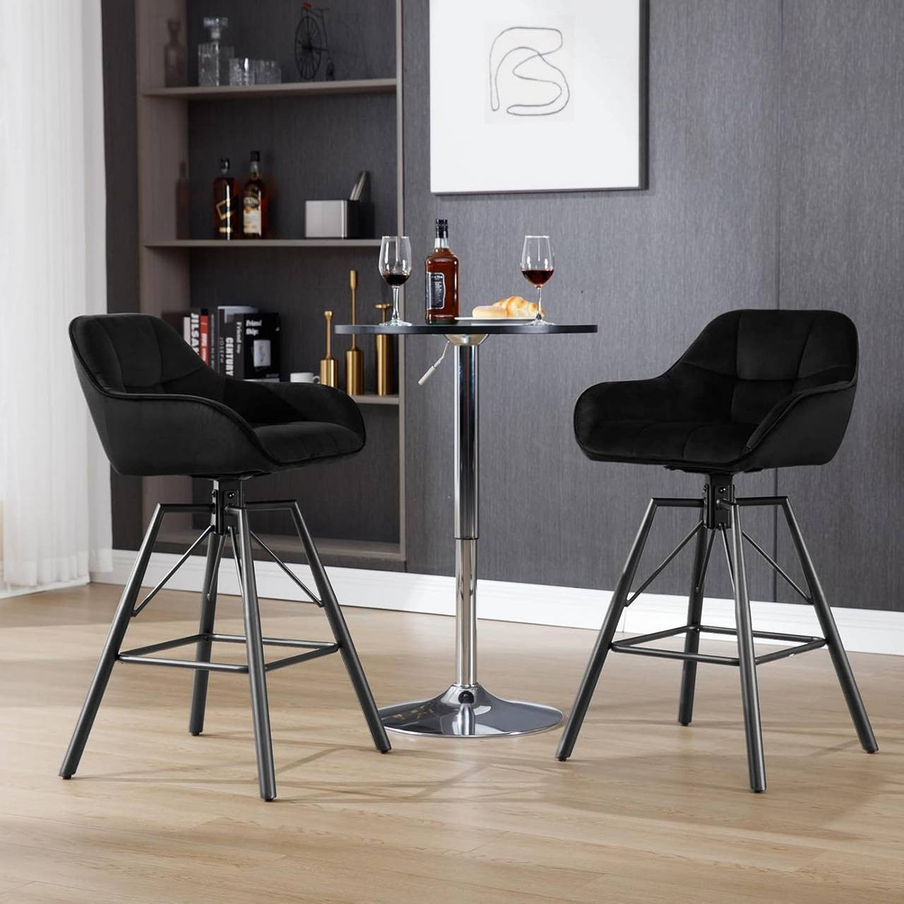 24goodz Velvet Bar Stool Set of 2 - 360° Rotating Comfort - Sturdy Metal Frame - For Home & Office - Black