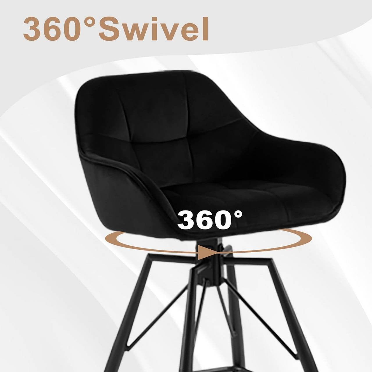 24goodz Velvet Bar Stool Set of 2 - 360° Rotating Comfort - Sturdy Metal Frame - For Home & Office - Black