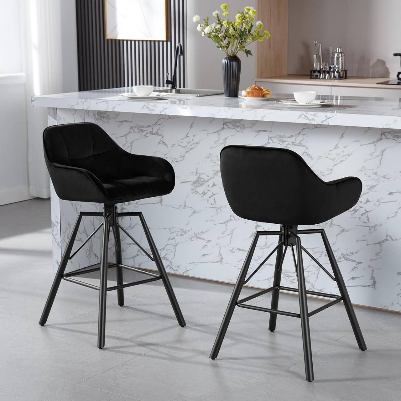 24goodz Velvet Bar Stool Set of 2 - 360° Rotating Comfort - Sturdy Metal Frame - For Home & Office - Black