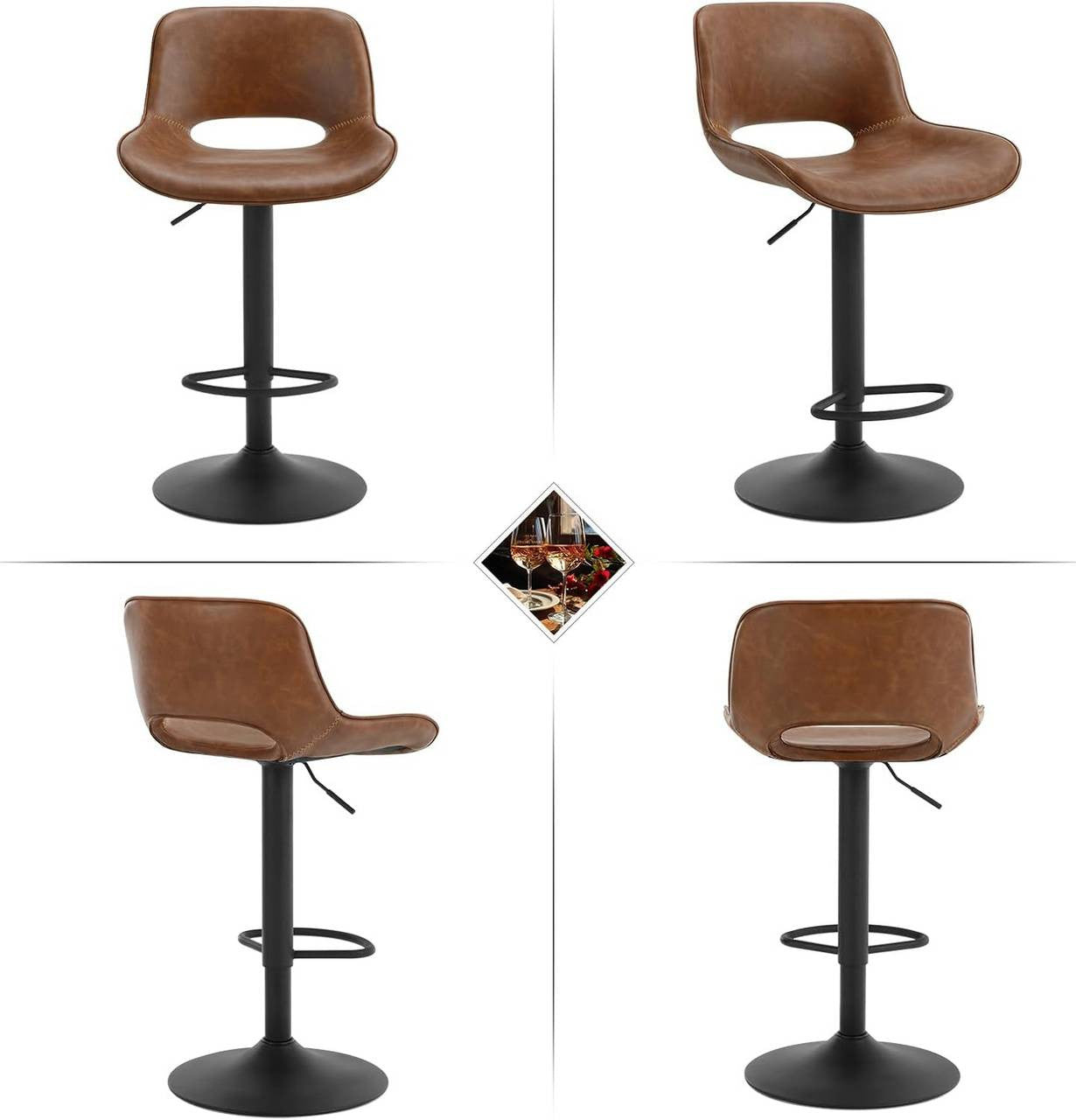 24goodz Adjustable Bar Stool Set of 4 - Ergonomic Design - Durable and Stylish - Vintage Faux Leather and Metal - Brown/Anthracite