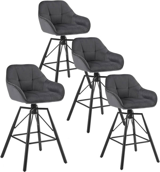 24goodz Velvet Bar Stool Set of 4 - 360° Rotating Design - High Comfort - Metal + Velvet - For Home and Office - Dark Grey
