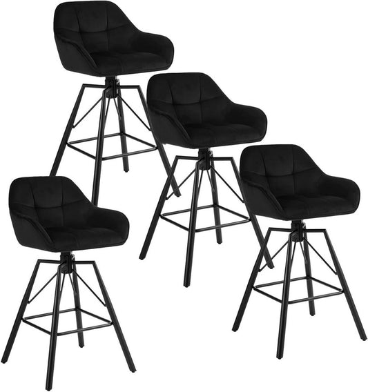 24goodz Velvet Bar Stool Set of 4 - 360° Rotating Design - High Comfort - Velvet and Metal - Black - 51 x 94.5 x 53 cm