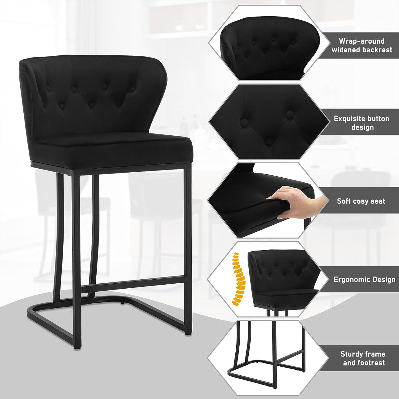 24goodz Velvet Bar Stool with Backrest - Comfortable and Stylish Design - Metal and Velvet - For Home and Bistro Use - Dark Grey/Black