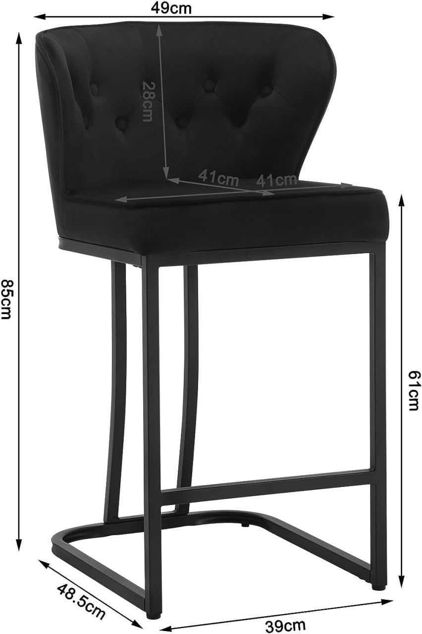 24goodz Velvet Bar Stool with Backrest - Comfortable and Stylish Design - Metal and Velvet - For Home and Bistro Use - Dark Grey/Black