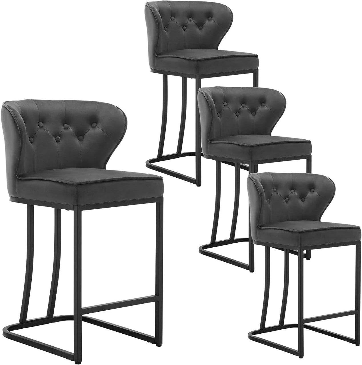 24goodz Velvet Bar Stool with Backrest - Ergonomic Design for Comfort - Metal Frame - For Dining and Living Spaces - Dark Grey/Black