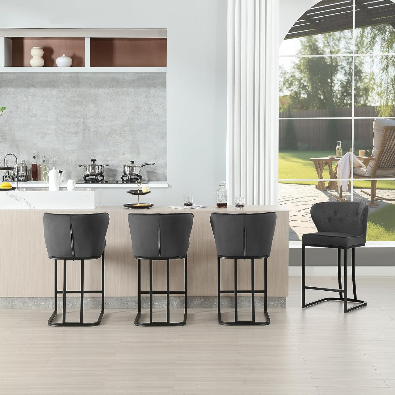 24goodz Velvet Bar Stool with Backrest - Comfortable and Stylish - Metal Frame - For Home and Café - Dark Grey/Black