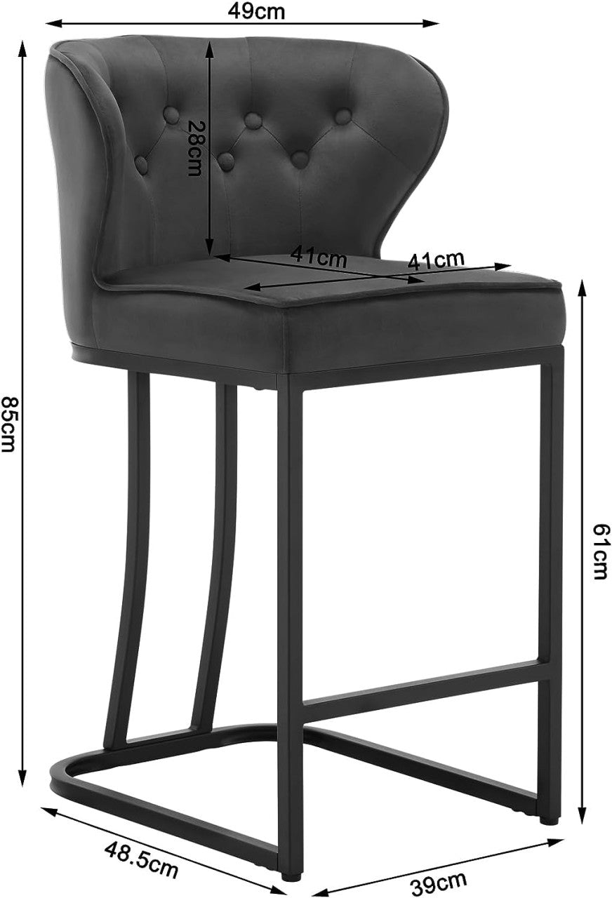 24goodz Velvet Bar Stool with Backrest - Comfortable and Stylish Design - Metal Frame - For Home and Bistro Use - Dark Grey/Black