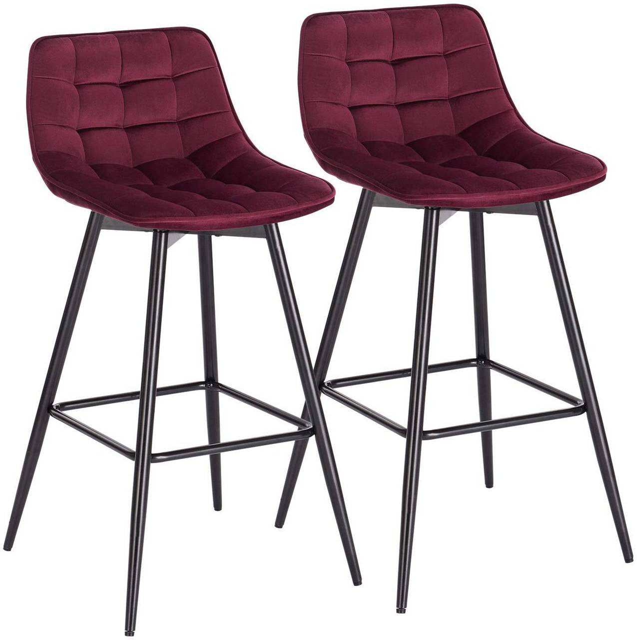 24goodz Velvet Bar Stool Set - Comfortable & Ergonomic - Sturdy & Robust - Velvet + Metal - Bordeaux - Set of 2 - bd
