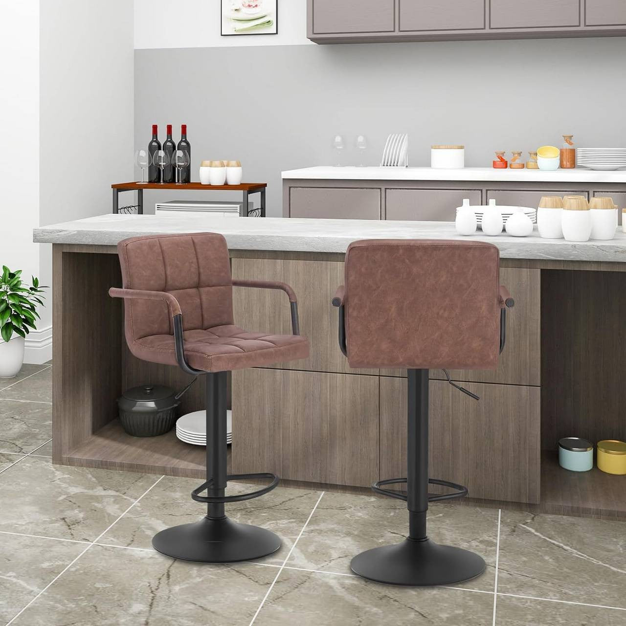 24goodz Bar Stool with Swivel Backrest - Ergonomic Design - Durable Faux Leather - For Home & Bistro Use - Dark Brown - dbr