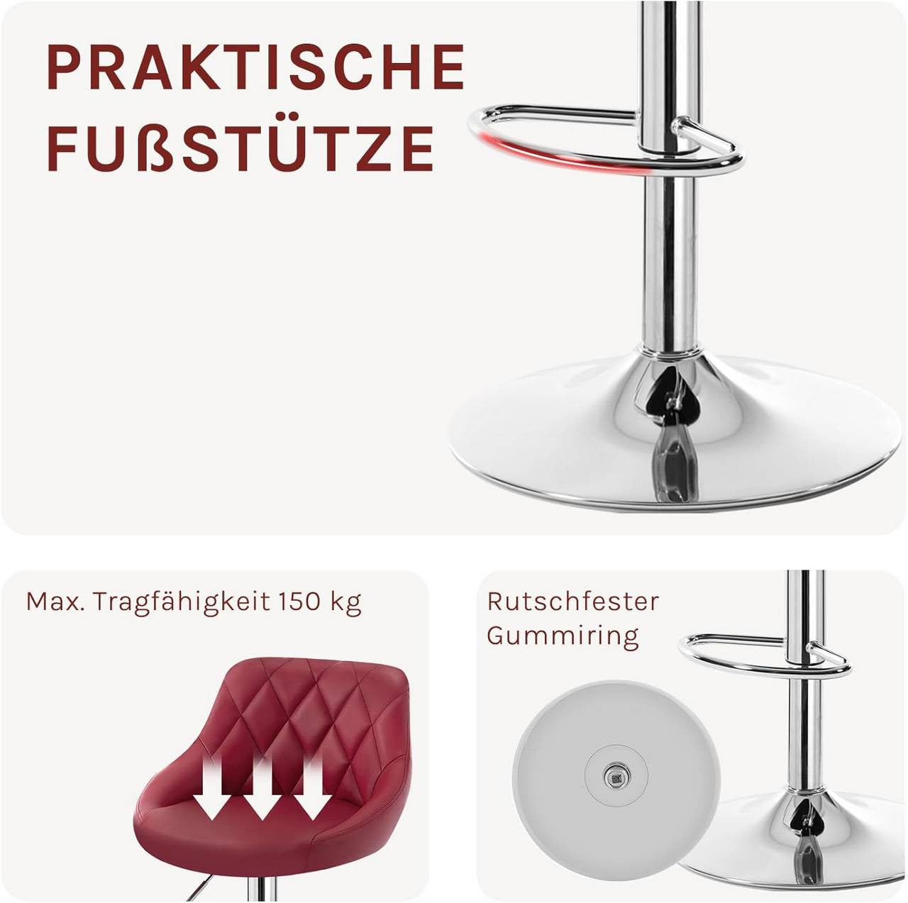 24goodz Adjustable Bar Stool - Comfortable and Ergonomic - Durable and Stylish - Faux Leather - For Home and Bistro Use - Bordeaux - bd