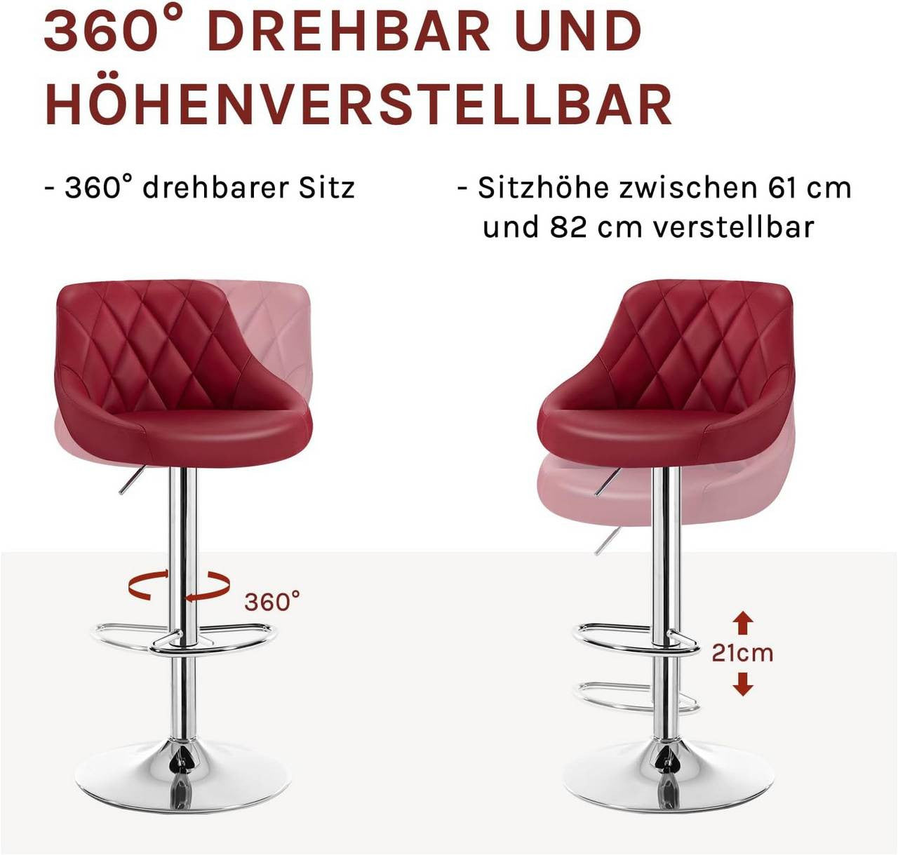 24goodz Adjustable Bar Stool - Comfortable and Ergonomic - Durable and Stylish - Faux Leather - For Home and Bistro Use - Bordeaux - bd