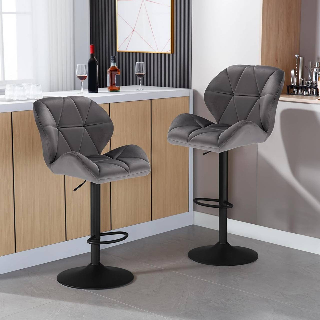 24goodz Velvet Bar Stool with Backrest - Ergonomic Comfort - Durable and Long-lasting - Velvet + Metal - Dark Grey - dgr