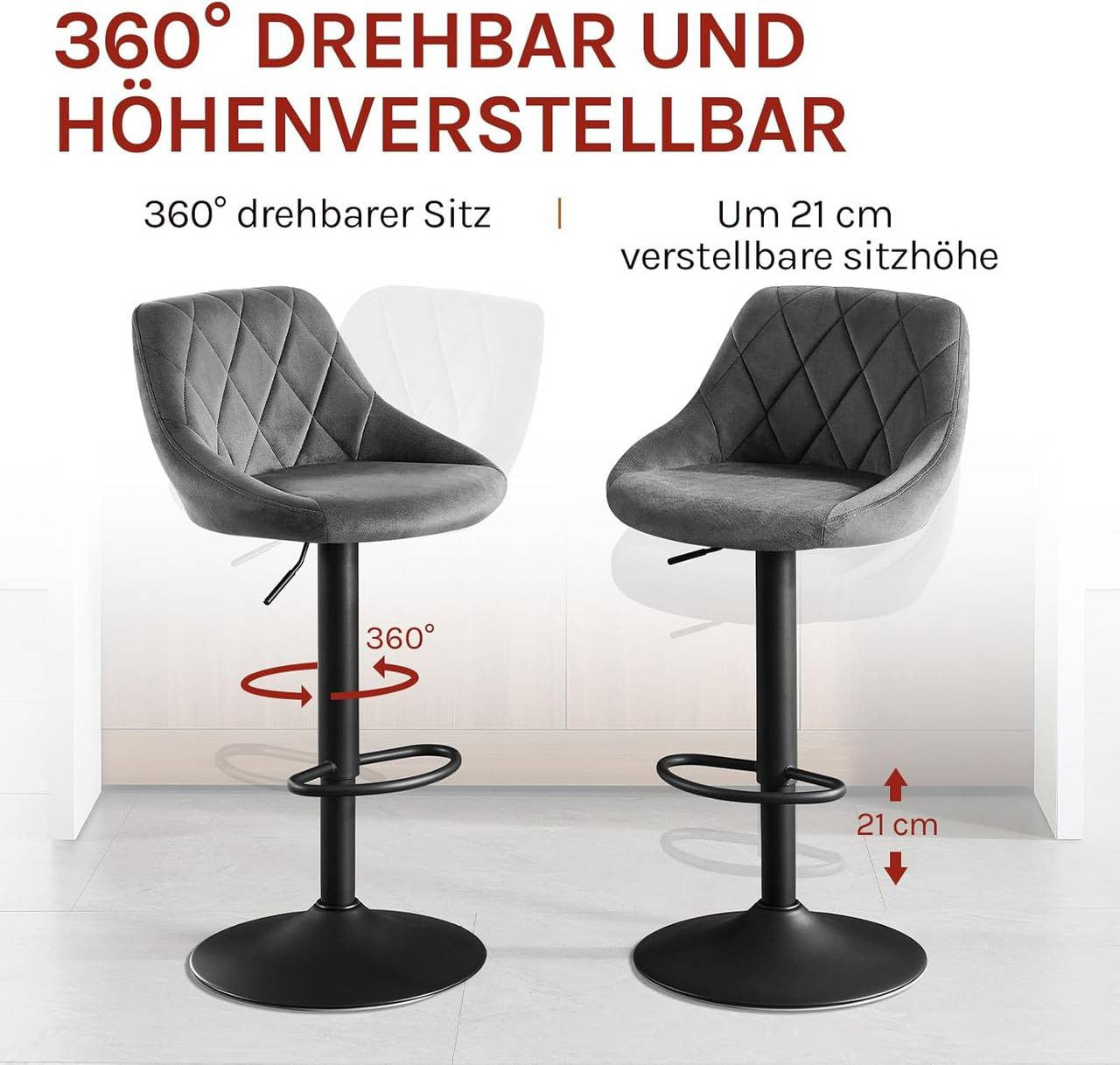 24goodz Velvet Bar Stool - Comfortable Ergonomic Design - Adjustable Height - Velvet + Metal - Dark Grey - dgr