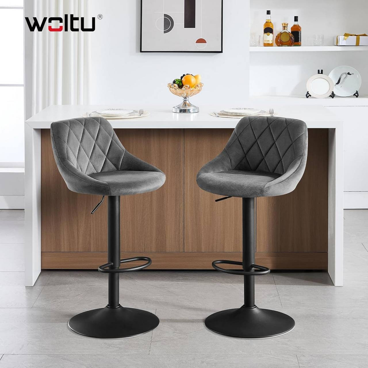 24goodz Velvet Bar Stool - Comfortable Ergonomic Design - Adjustable Height - Velvet + Metal - Dark Grey - dgr