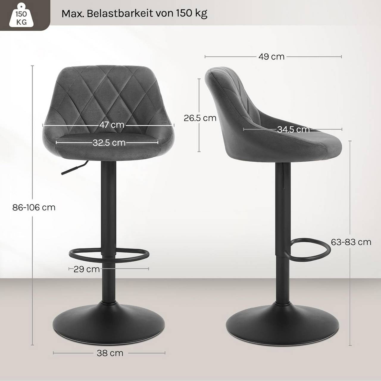 24goodz Velvet Bar Stool - Comfortable Ergonomic Design - Adjustable Height - Velvet + Metal - Dark Grey - dgr