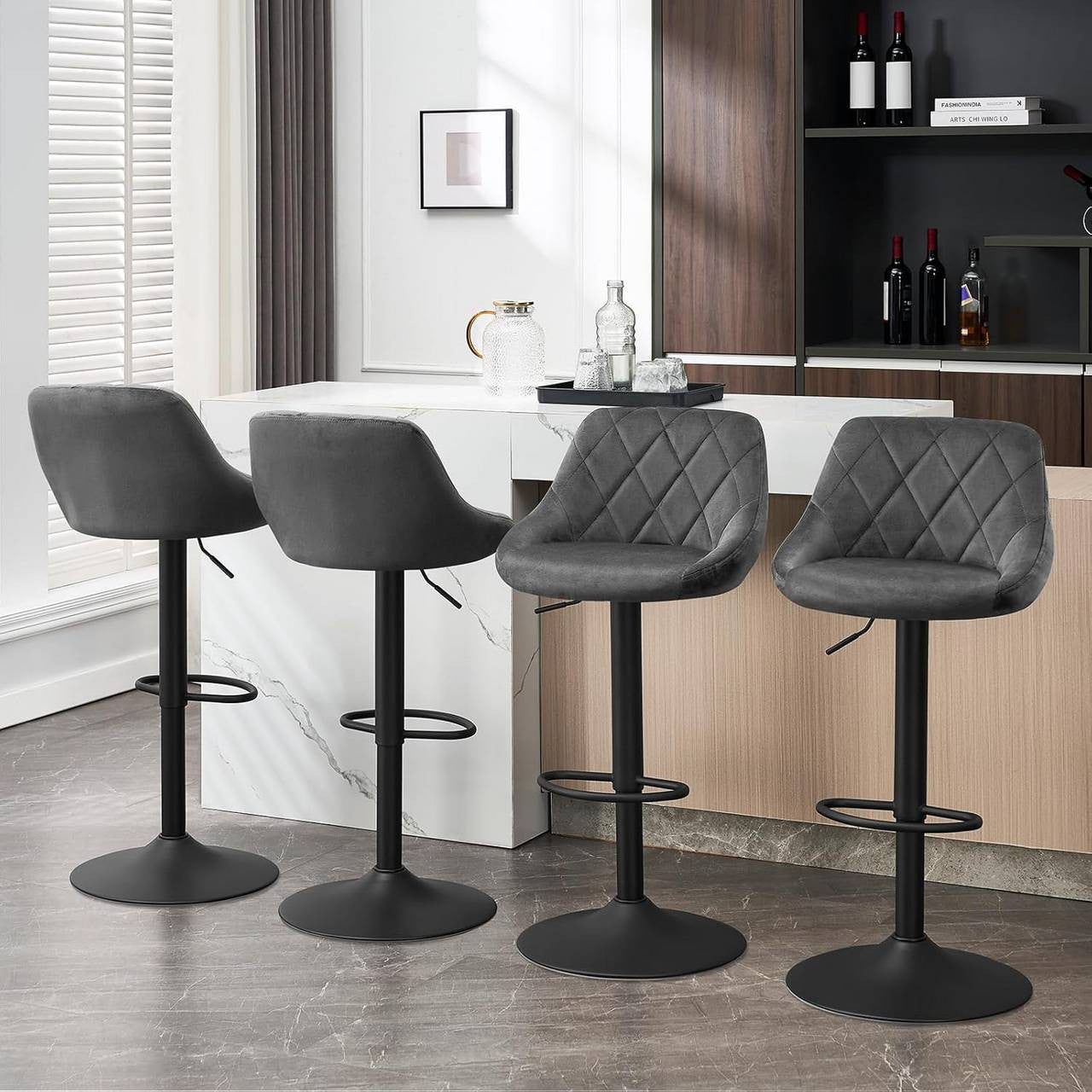 24goodz Velvet Bar Stool - Comfortable Ergonomic Design - Adjustable Height - Velvet + Metal - Dark Grey - dgr