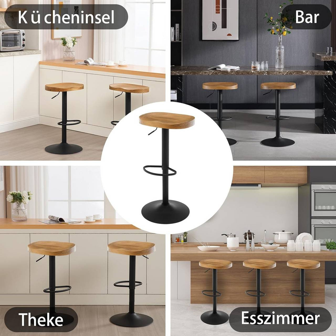 24goodz Ergonomic Bar Stool - Adjustable Height - Solid Wood and Metal - For Kitchen and Dining - Dark Wood Look
