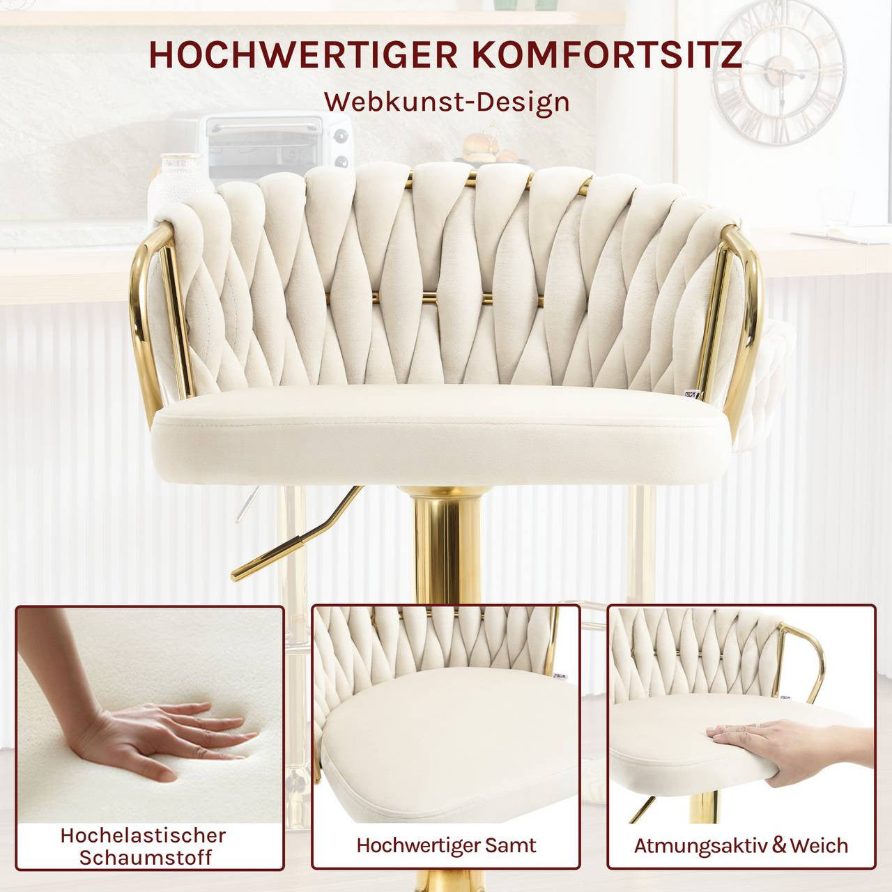 24goodz Velvet Bar Stool - Comfortable Seating - Ergonomic Design - Metal Frame - Cream