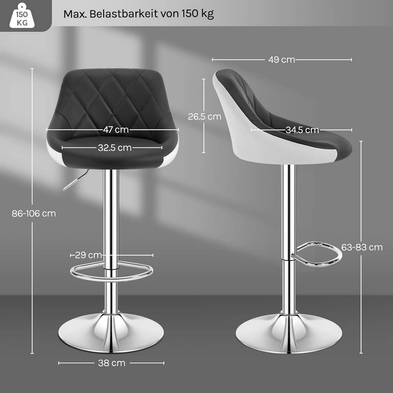 24goodz Adjustable Bar Stool - Comfortable Ergonomic Design - Durable Chrome Frame - For Home & Bistro Use - Grey/White - grw