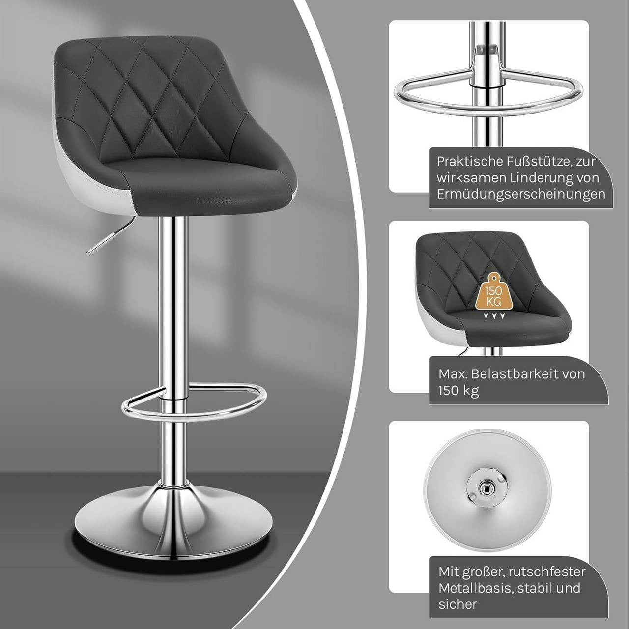 24goodz Adjustable Bar Stool - Comfortable Ergonomic Design - Durable Chrome Frame - For Home & Bistro Use - Grey/White - grw