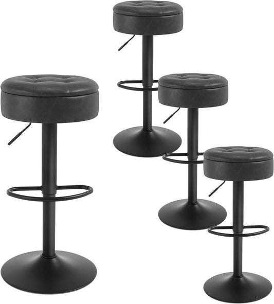 24goodz Adjustable Bar Stool with Storage - Comfortable & Ergonomic - Multifunctional - Vintage Faux Leather + Metal - Grey - 39 x 60.5-79.5 x 39 cm