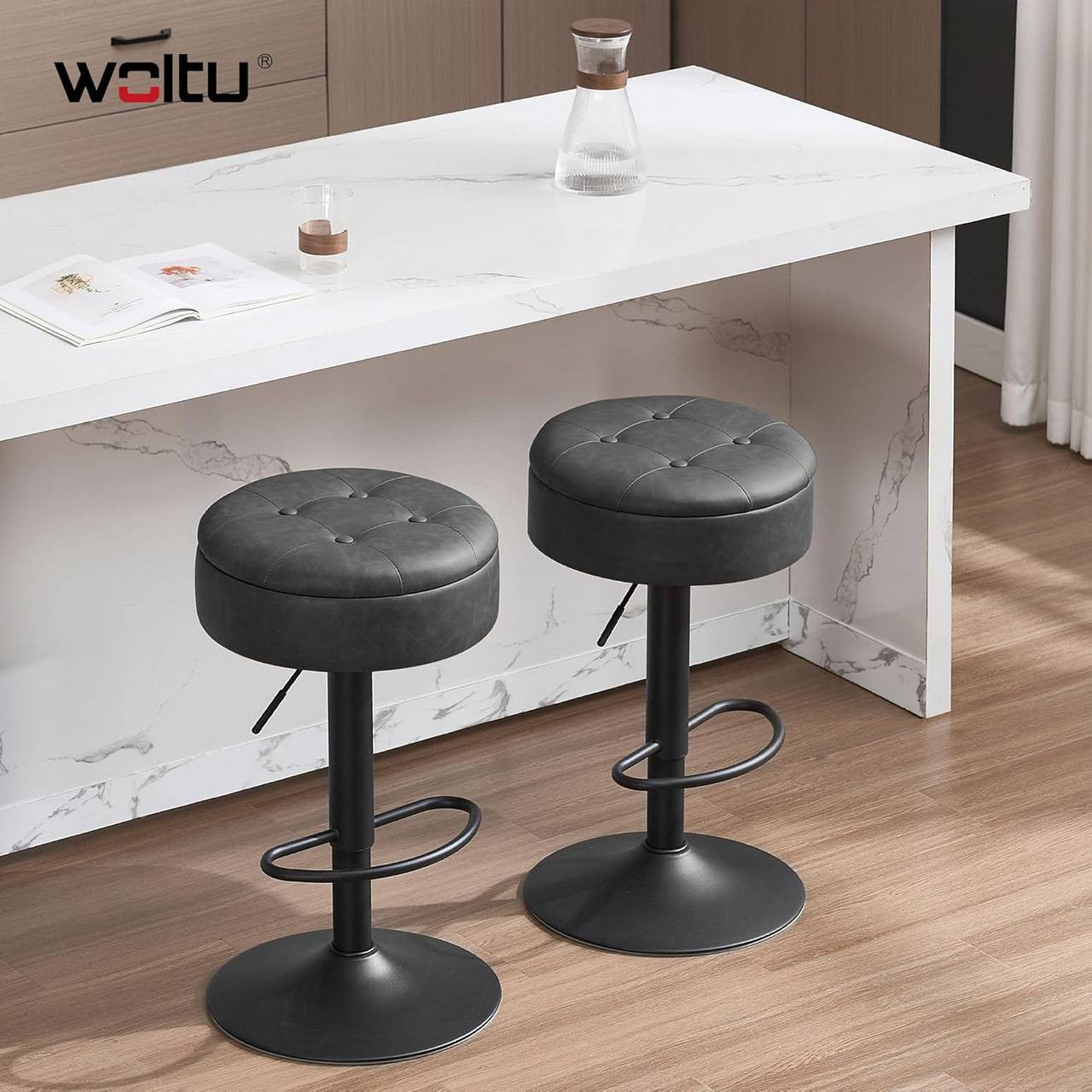 24goodz Adjustable Bar Stool with Storage - Comfortable & Ergonomic - Stable & Durable - Vintage Faux Leather - Grey - 39 x 60.5-79.5 x 39 cm
