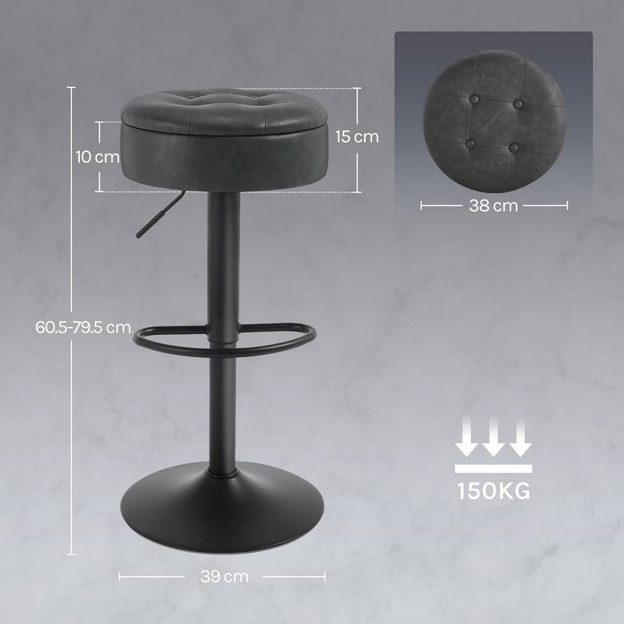 24goodz Adjustable Bar Stool with Storage - Comfortable & Ergonomic - Multifunctional - Vintage Faux Leather + Metal - Grey - 39 x 60.5-79.5 x 39 cm
