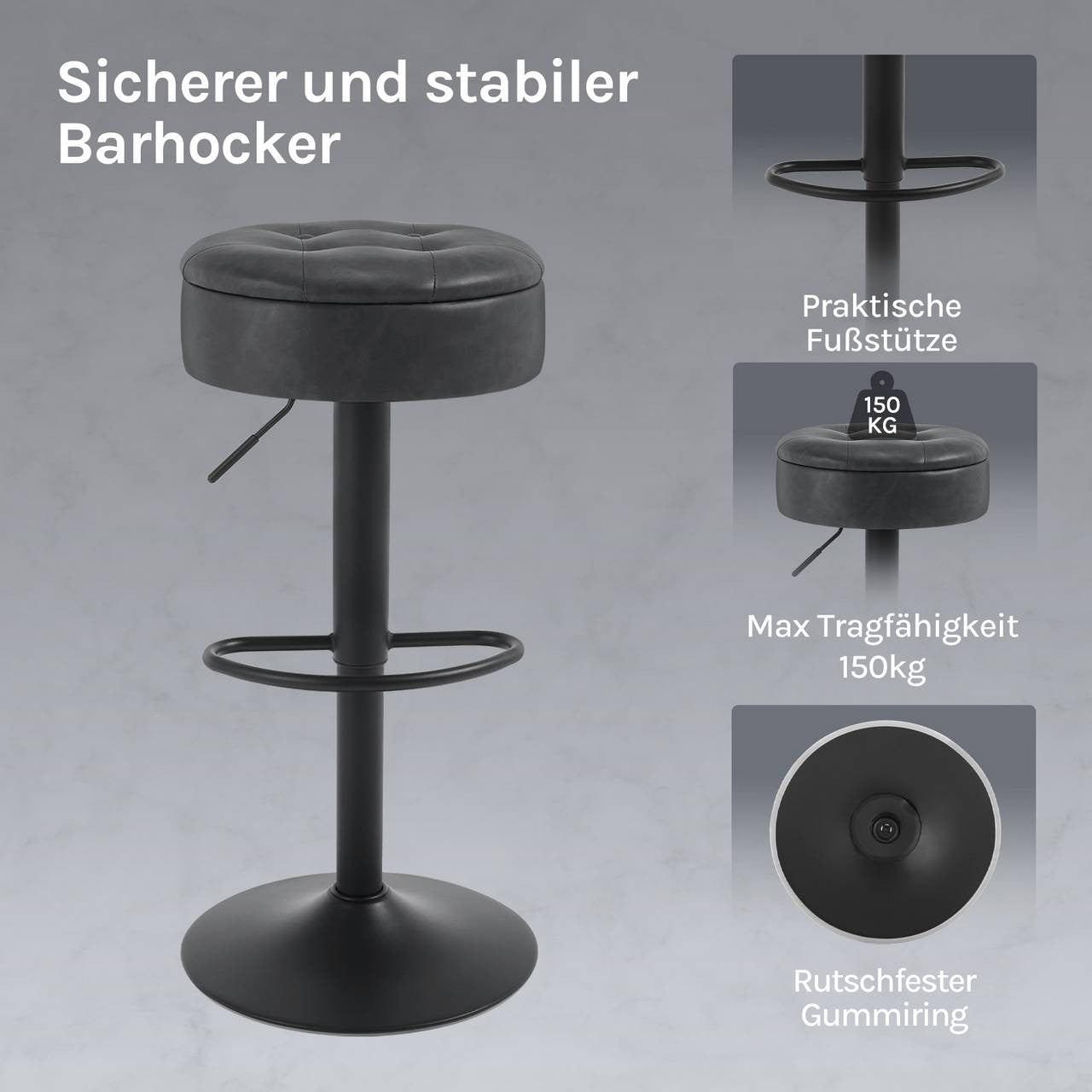 24goodz Adjustable Bar Stool with Storage - Comfortable & Ergonomic - Stable & Durable - Vintage Faux Leather - Grey - 39 x 60.5-79.5 x 39 cm