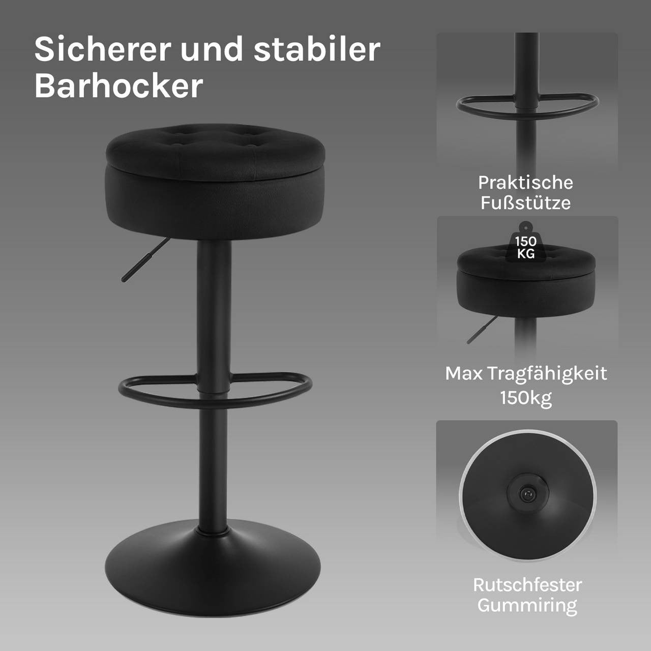 24goodz Velvet Bar Stool - Comfortable & Ergonomic - Multifunctional - Metal - For Home & Kitchen - Black