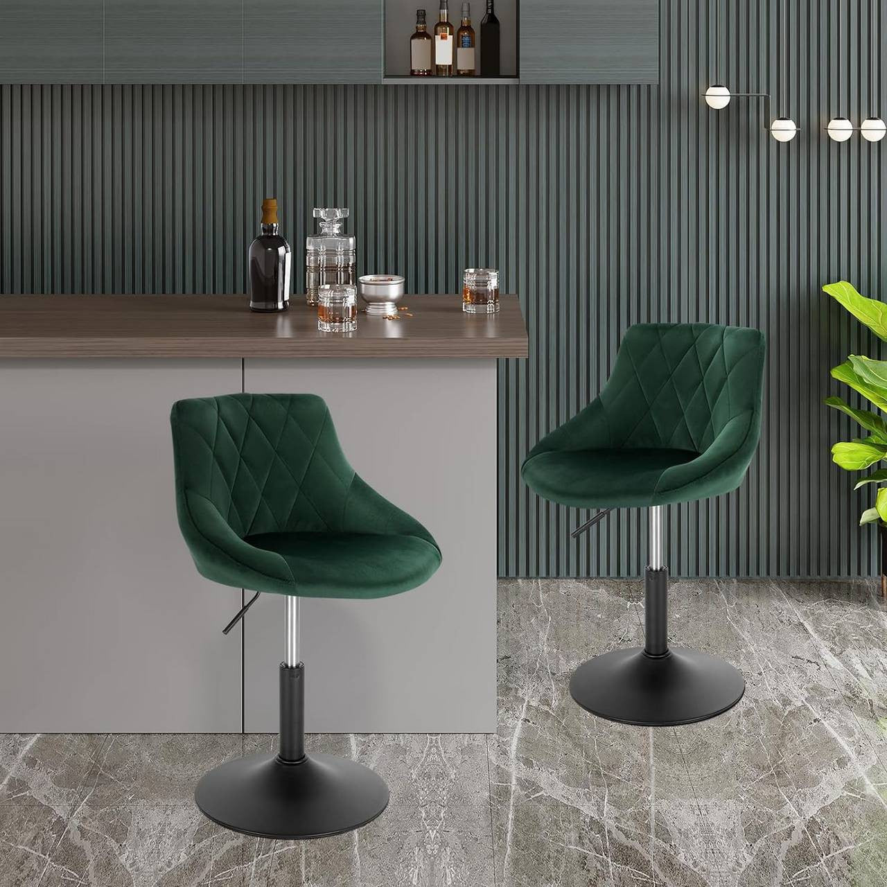 24goodz Bar Stool Set - Comfortable and Ergonomic Design - Adjustable Height - Velvet and Metal - Dark Green - dgn