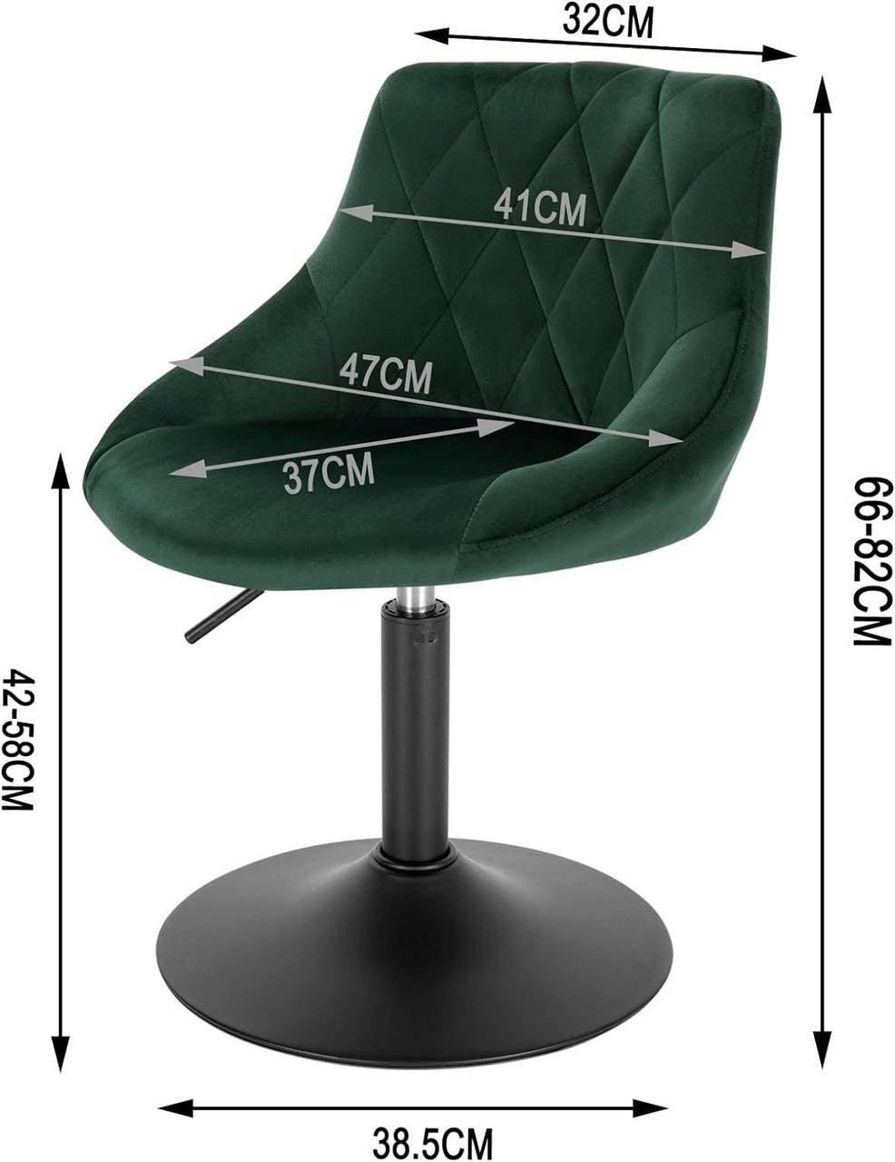 24goodz Bar Stool Set - Comfortable and Ergonomic Design - Adjustable Height - Velvet and Metal - Dark Green - dgn